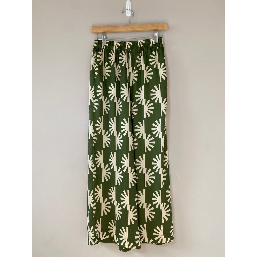 Nema Resort Wear Olive Green Sunburst Print Wide Leg Pants Greece Small NWOT